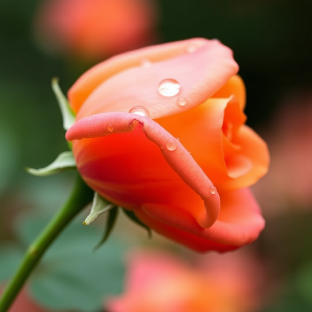 Create an image of a single rose with dew drops on its petals. The rose should be in full bloom and the background should be blurred with a hint of greenery. The rose should be captured from a side angle, showcasing its vibrant color and intricate petal structure.