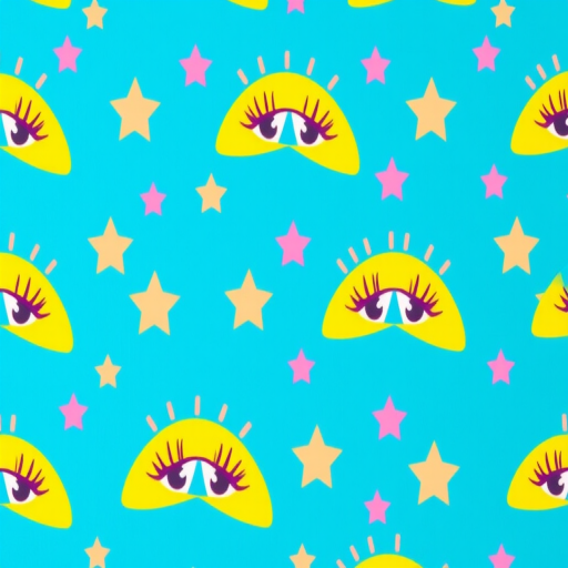 Create a vibrant repeating pattern featuring eyes with eyelashes and star shapes in yellow and pink on a solid blue background, using a Canon EOS R5 camera with a 50mm f/1.2 lens at ISO 100, aperture f/2.8, and a shallow depth of field for enhanced color and detail.