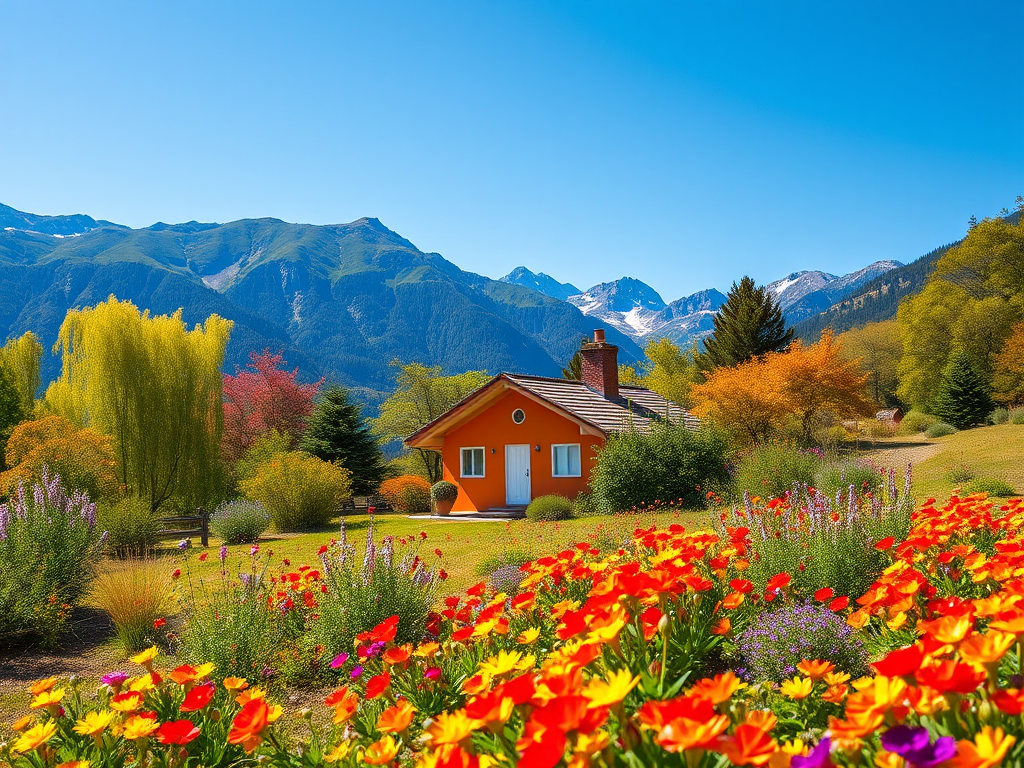 vibrant landscape with an orange house surrounded by colorful flowers and trees, mountains in the background, bright blue sky, taken with a Canon EOS 5D Mark IV, 35mm lens, f/8 aperture, ISO 100, daylight, with a focus on vivid colors and sharp details, wide-angle view