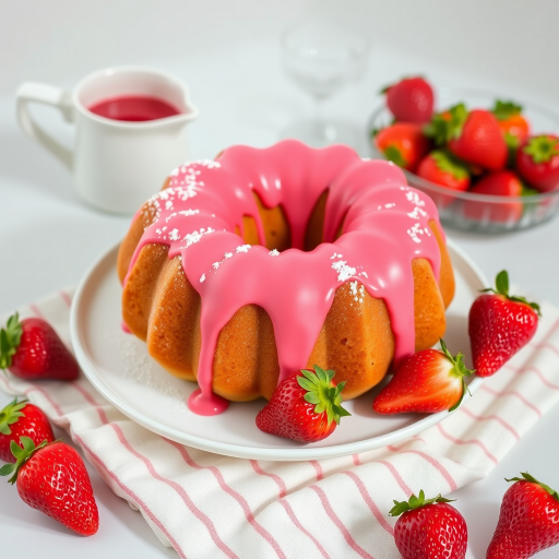 Create an image of a beautifully decorated bundt cake topped with a pink glaze. The cake should have a fluffy texture and be dusted with powdered sugar. Place fresh strawberries around the cake on a white plate. Include a small pitcher of glaze in the background and a striped cloth underneath the plate for added detail. The setting should be bright and inviting.