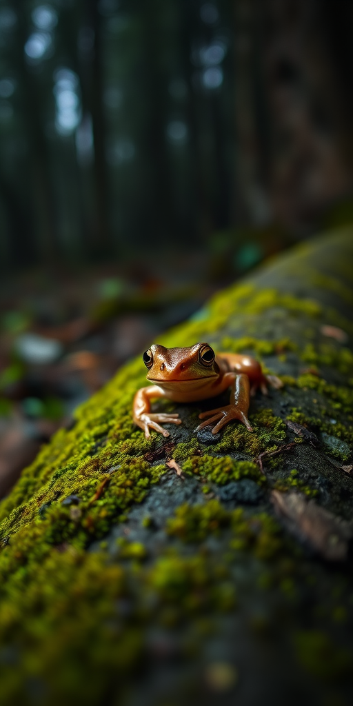 Capture a close-up of a small frog resting on a mossy log in a dimly lit forest, using a macro lens at f/2.8, shutter speed 1/200s, ISO 400, with a shallow depth of field to create a blurred background effect, shot with a DSLR camera from a low angle to emphasize the frog's features.