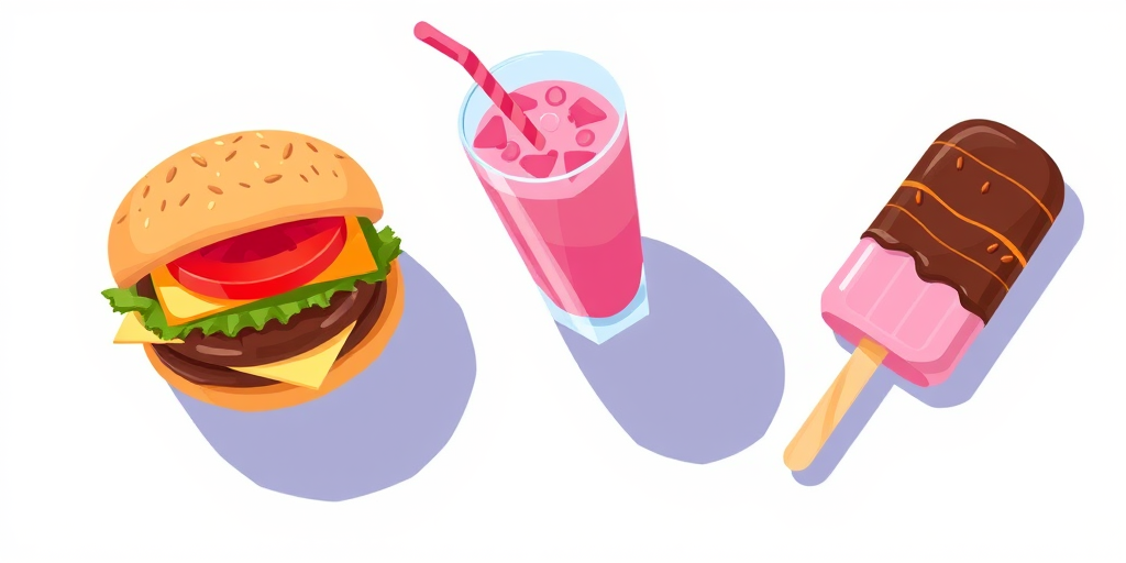 Create a vibrant illustration featuring two burgers with lettuce, tomato, and cheese, a pink drink in a glass with a straw, and a chocolate-coated popsicle on a stick, using a digital art style with a focus on bright colors and playful shapes, shot from a top-down view, with a high-resolution setting, aperture at f/2.8 for depth of field, and ISO 200 for clear details.