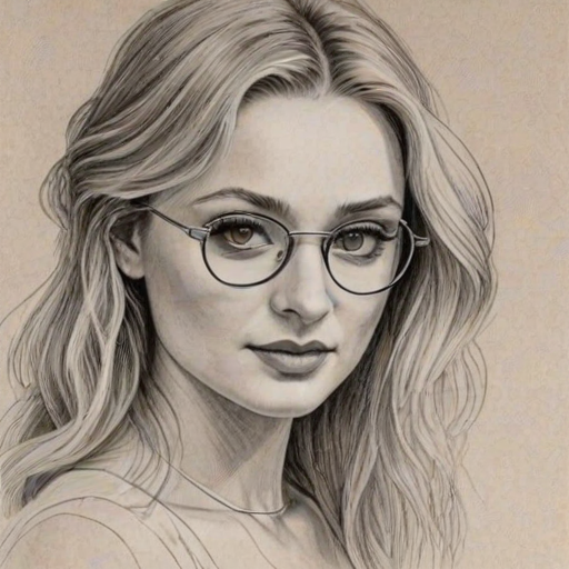 Alluring Aly & AJ, pencil sketch, portrait of Splendid woman 1925s in glasses, hair style beatnik, outline, clear lines, fine lines, 8k