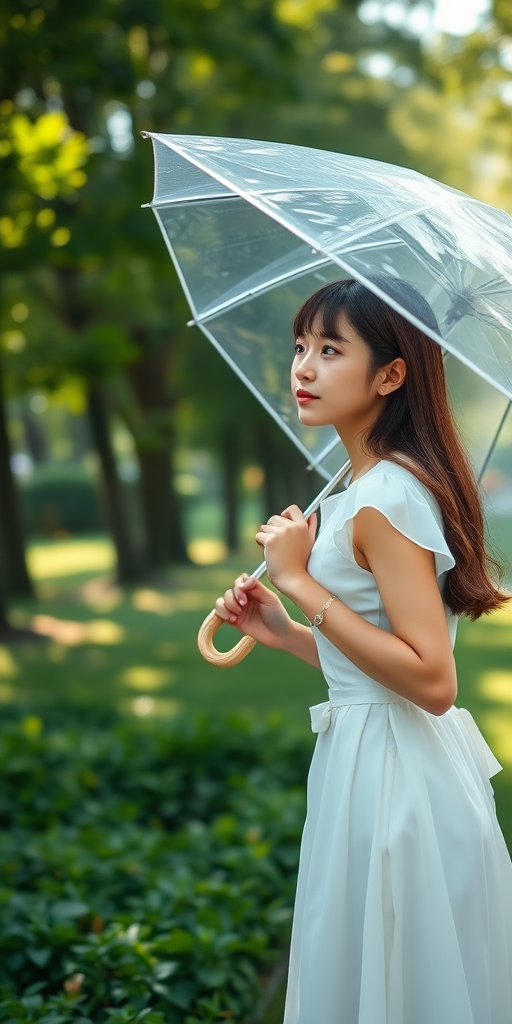 Capture a young woman in a white dress holding a transparent umbrella in a lush green park, with soft sunlight filtering through the trees, using a DSLR camera, 50mm lens, f/1.8 aperture, 1/250s shutter speed, and ISO 100 for enhanced image quality and depth of field.
