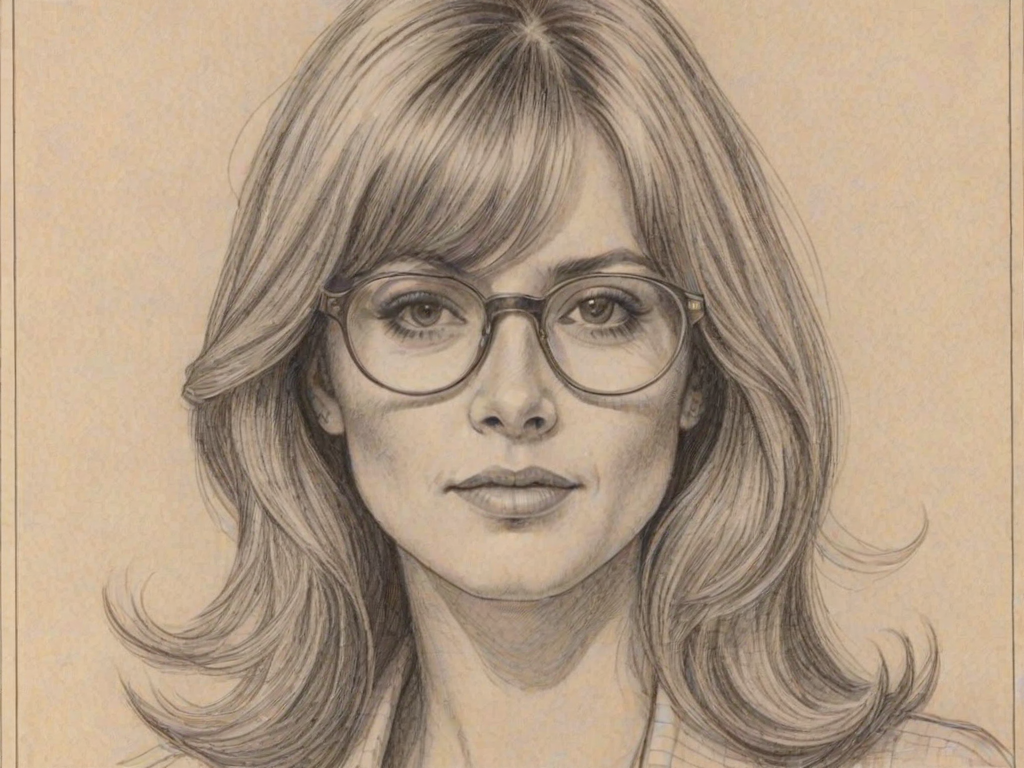 Splendid Crystal Bernard, pencil sketch, portrait of Captivating woman 1974s in glasses, hair style beatnik, outline, clear lines, fine lines, 8k