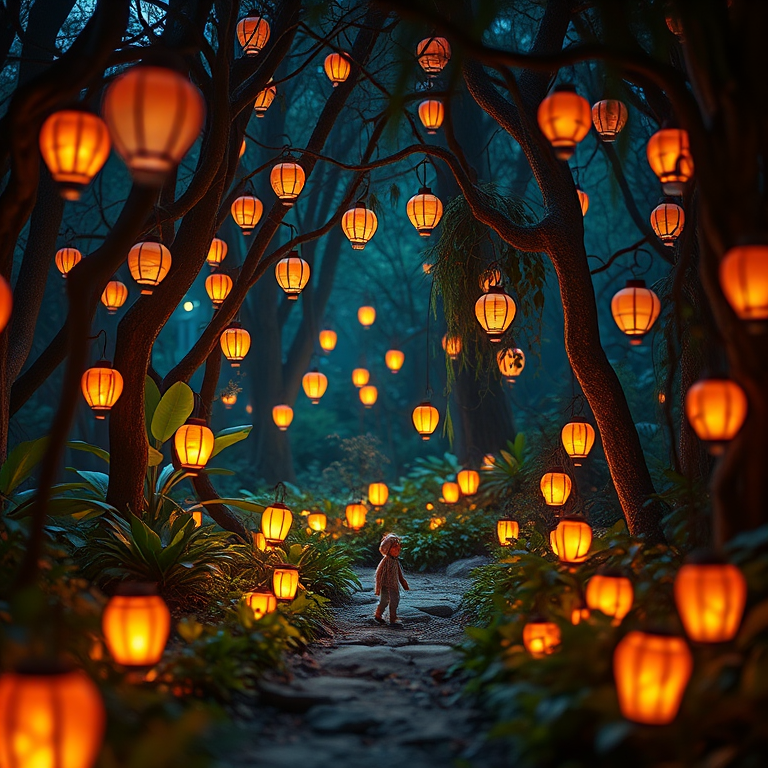 Create a whimsical scene featuring a small figure standing in a mystical forest filled with glowing lanterns and lush plants, captured with a Nikon D850 at f/2.8, ISO 200, 24mm lens, using a wide-angle view and soft focus style to enhance the ethereal ambiance.