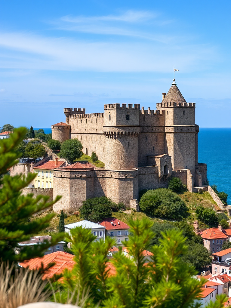 Generate a high-resolution image of a historic castle overlooking a coastal town, captured with a Canon EOS 5D Mark IV, aperture f/8, shutter speed 1/200s, ISO 100, shot from a slight angle to showcase the architecture against a vibrant blue sky, using landscape photography style.
