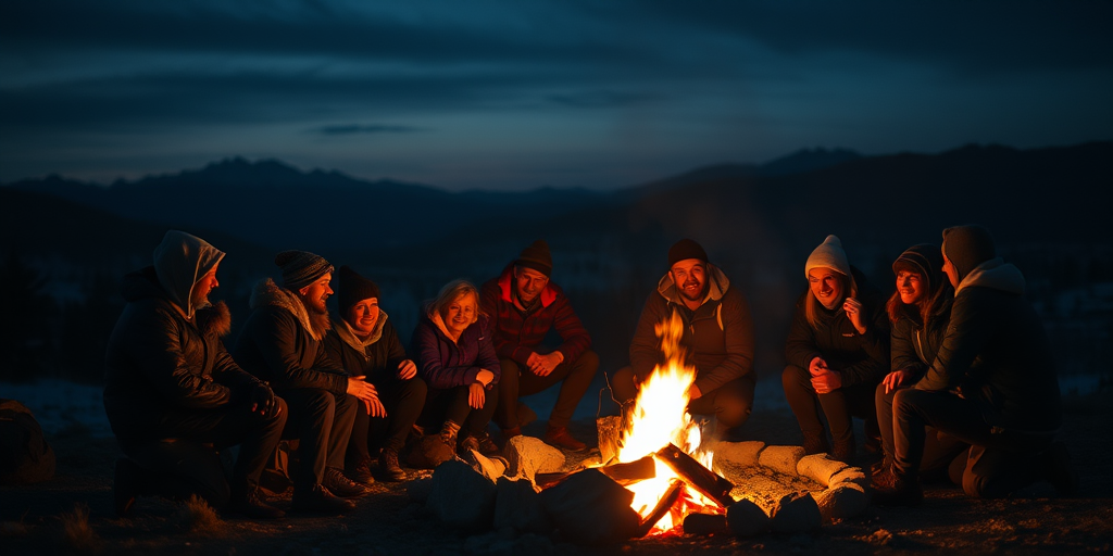 Warm, intimate image of a group of friends gathered around a campfire on a chilly night, soft glow from the flames casting warm shadows, distant mountains barely visible in the dark.