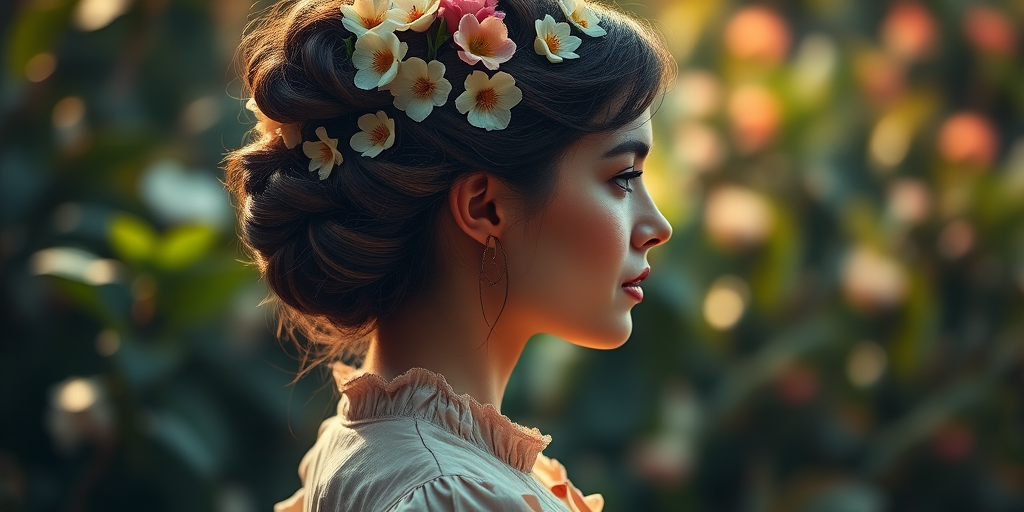 Generate a high-resolution portrait of a woman in profile with soft lighting, intricate hair styling adorned with flowers, a vintage blouse against a blurred botanical background, using a Canon EOS R5 with an 85mm f/1.2 lens at ISO 100, f/1.2 aperture, and a slight vignette effect.
