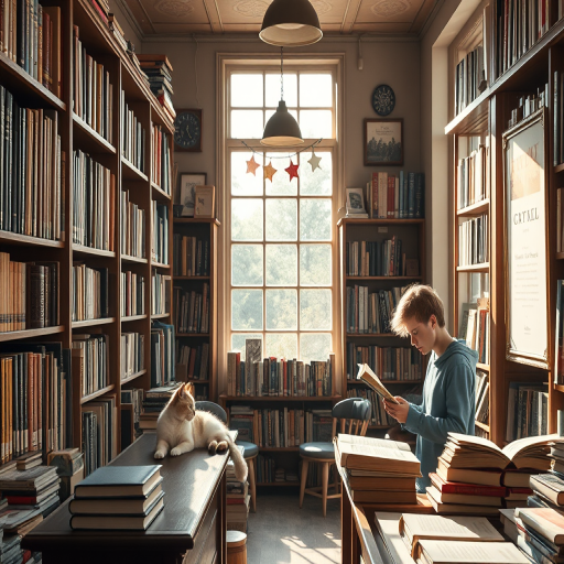 Clear, detailed shot of a cozy bookstore, shelves packed with old and new books, sunlight streaming through the front windows, a cat lounging on the counter, a customer flipping through a book at a small reading nook, soft background music playing from hidden speakers.