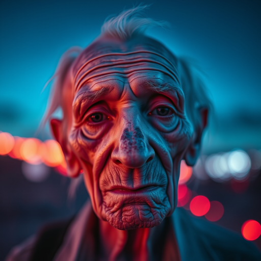 create a close-up perspective view fine art photography contemporary style of an elderly worn albino’s face with a soft, candid expression on a blurred sky black light background.Showcasing a modern style characterized by vibrant blacklight tones, using dramatic lighting and soft gradients to create a fine art atmosphere. The focus is on the light and facial features. motion light blur, neon backlit