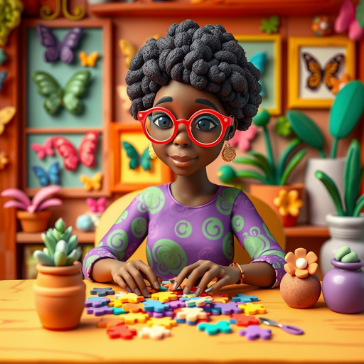A vibrant and whimsical illustration of an african american woman sitting at a table working on a colorful jigsaw puzzle. she is wearing round glasses, and patterned clothing in shades of purple and green.  The background features an eclectic collection of framed butterflies, potted plants, and other natural elements, creating a warm and inviting atmosphere. The style is playful and modern, with rich textures, intricate details, and a lively color palette.