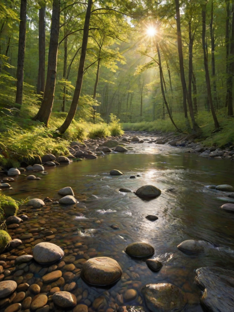 Create an image of a serene, sunlit forest scene with a clear, gently flowing river. Tall trees with lush green foliage line both sides of the river, their leaves bathed in the warm golden light of the setting or rising sun. The sunlight filters through the trees, casting soft, dappled light on the river, which flows over smooth rocks and pebbles, creating a peaceful, natural atmosphere. The sky is bright with a few scattered clouds, and the overall mood is tranquil, evoking a deep sense of connection with nature. The image captures the beauty of a calm, pristine forest landscape at either dawn or dusk.