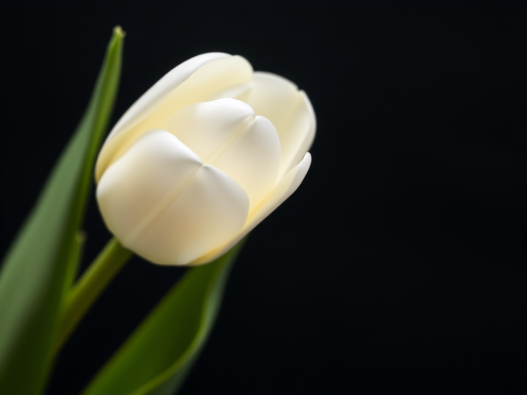 photograph a single white tulip with green leaves on a black background, use a macro lens, aperture f/2.8, shutter speed 1/250s, ISO 100, soft focus style, captured with a DSLR camera
