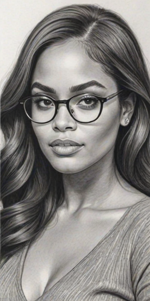 Enticing Lauren London, pencil sketch, portrait of Magnificent woman 1971s in glasses, hair style beatnik, outline, clear lines, fine lines, 8k
