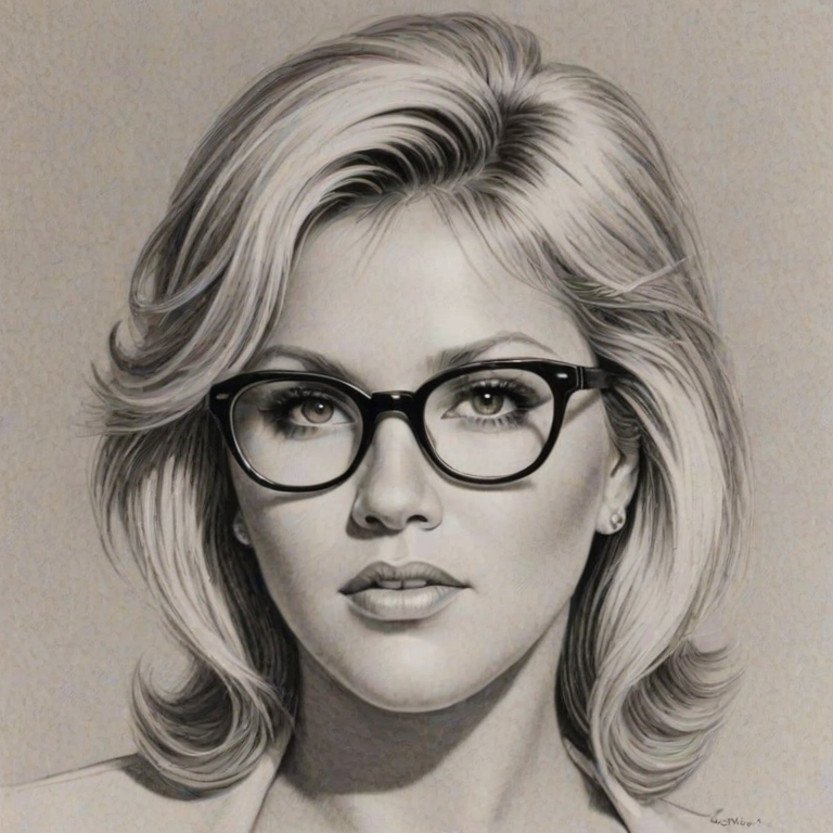 Beauteous Samantha Fox, pencil sketch, portrait of Wonderful woman 1955s in glasses, hair style beatnik, outline, clear lines, fine lines, 8k