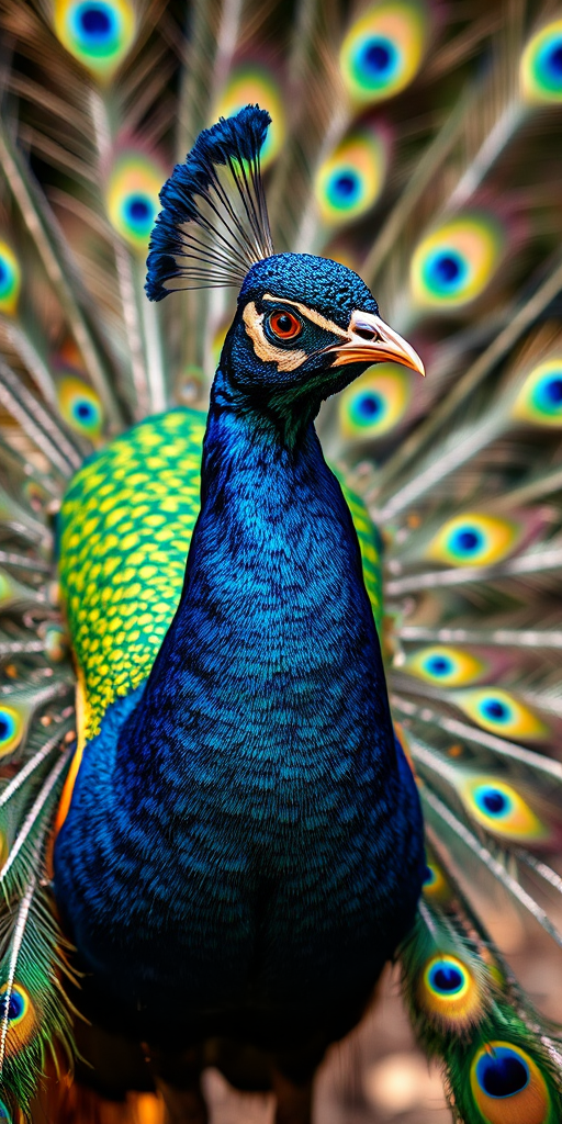 capture a peacock displaying its full plumage in vivid colors with a shallow depth of field, 50mm lens, f/2.8 aperture, ISO 100, shot in natural light with a DSLR camera from a slightly low angle to emphasize the iridescence of the feathers