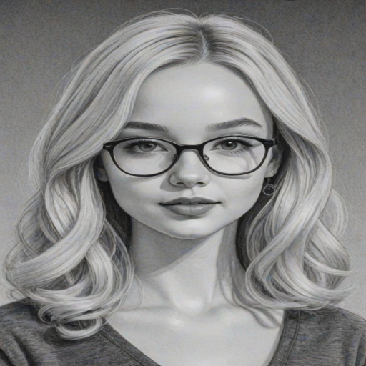 Appealing Dove Cameron, pencil sketch, portrait of Resplendent woman 1966s in glasses, hair style beatnik, outline, clear lines, fine lines, 8k