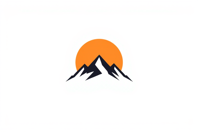 create a minimalist logo featuring a stylized mountain range with a sun rising behind it, using a monochromatic color scheme, shot with a DSLR camera at f/2.8 aperture, ISO 100, 50mm lens, top-down view to emphasize the simplicity and elegance of the design
