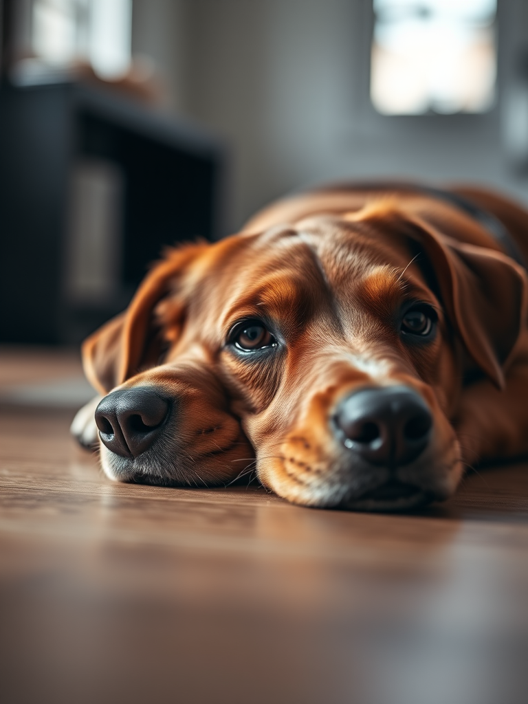 A close-up of a brown dog resting on a wooden floor, with soft natural lighting and a blurred background, using a DSLR camera with a 50mm lens, aperture f/1.8, ISO 200, shutter speed 1/200 sec, capturing a shallow depth of field for a dreamy effect.