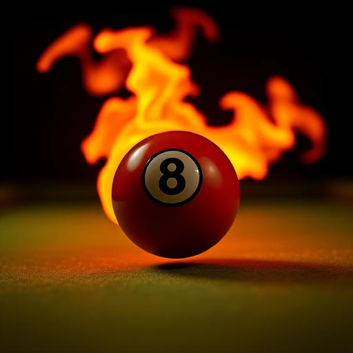 create an image of a billiard 8 ball in motion with a trail of vibrant flames behind it, high dynamic range, 4K resolution, using a DSLR camera with a 50mm lens at f/1.8, 1/1000 sec shutter speed, ISO 100, focused on the ball, shot from a low angle against a dark background for contrast and clarity