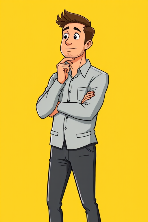 Create a cartoon-style illustration of a man standing thoughtfully with one hand on his chin, wearing a light grey shirt and dark grey pants, against a bright yellow background, captured with a DSLR camera at f/5.6 aperture, 50mm lens, shot in portrait orientation for depth and clarity.