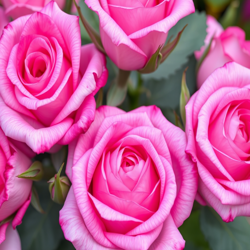 Regenerate a close-up of pink and purple roses with soft petals and green leaves, using a Canon EOS R5, 50mm lens, f/2.8 aperture, ISO 100, natural lighting for vibrant colors and sharp details.
