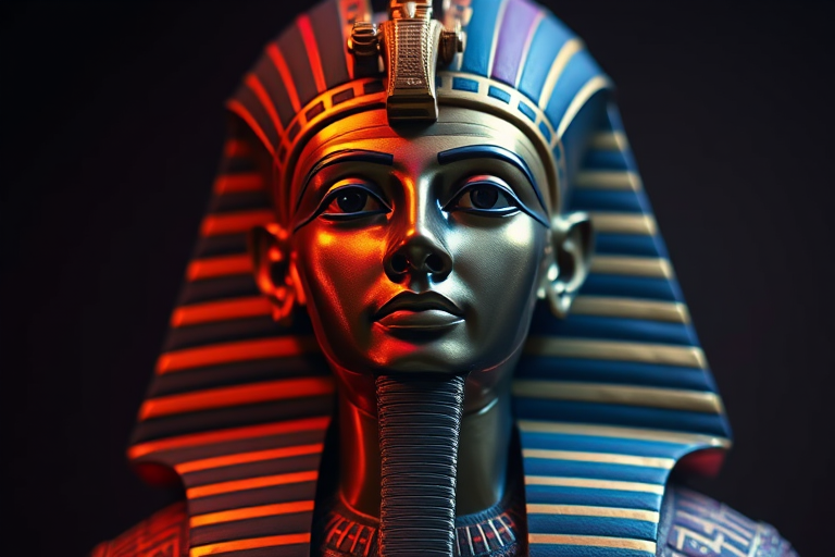 Create an artistic representation of Ramses II with vibrant colors and intricate details, using a Canon EOS R5 camera with a 50mm lens, f/1.8 aperture, ISO 100, 1/125s exposure time, shot in a dimly lit studio with soft lighting to enhance colors and textures.