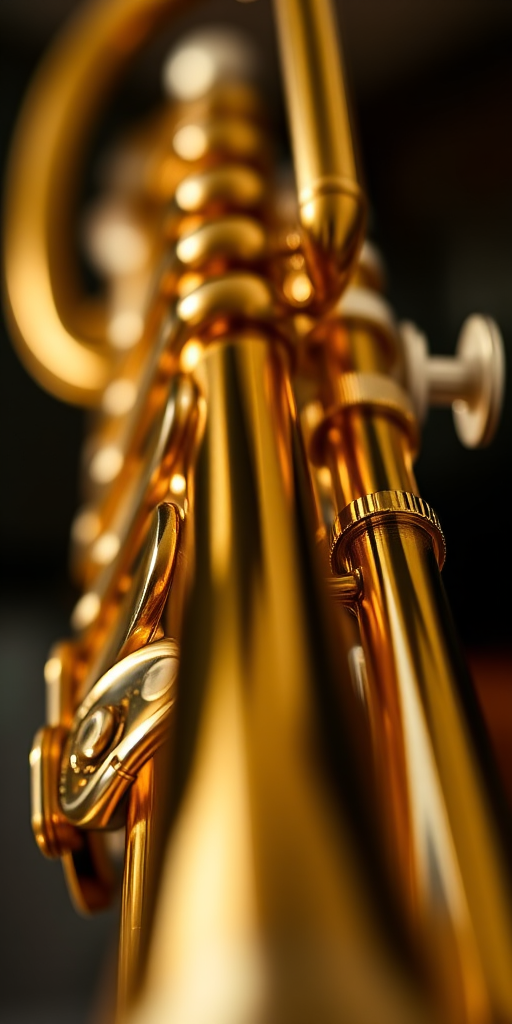 Close-up shot of a shining brass trumpet with a blurred background, using a Canon EOS 5D Mark IV, 50mm f/1.8 lens, aperture set to f/2.8, ISO 100, shutter speed 1/200s, natural soft lighting.