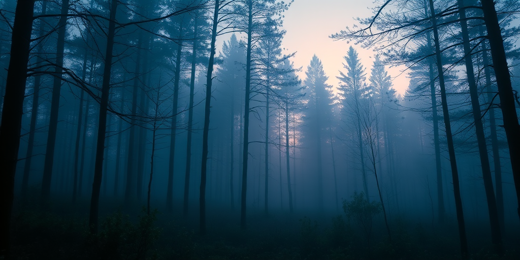 capture a misty forest scene during twilight with soft, diffused lighting, f/2.8 aperture, ISO 200, 1/60 second exposure, taken with a full-frame DSLR using a wide-angle lens for an immersive perspective