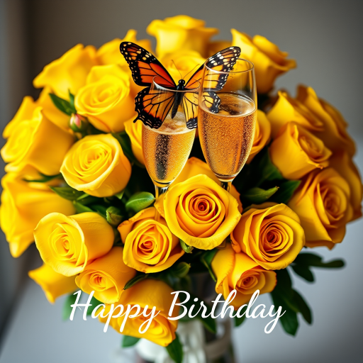 Create a vibrant bouquet of yellow roses with a butterfly on top, include two champagne glasses clinking, styled in an elegant birthday greeting, use a DSLR camera, aperture f/8, ISO 100, natural lighting, 50mm lens, focus on floral detail and rich colors.