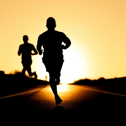 Create a high-quality silhouette illustration of a running figure, captured with a DSLR camera, f/2.8 aperture, ISO 200, 50mm lens, from a low-angle perspective to emphasize movement and energy.