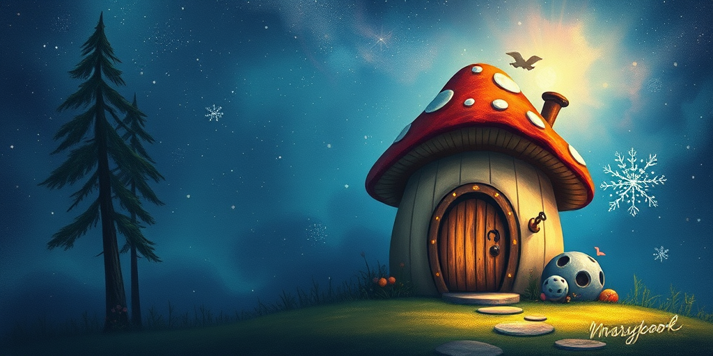 imagine illustration of a mushroom house with a door and a window, a storybook , fantasy art, mushroom house, bg starry sky, sparkles