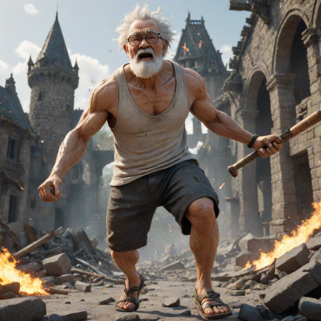 Fierce Elderly Warrior Preparing to Defend His Ruined Castle from Invaders