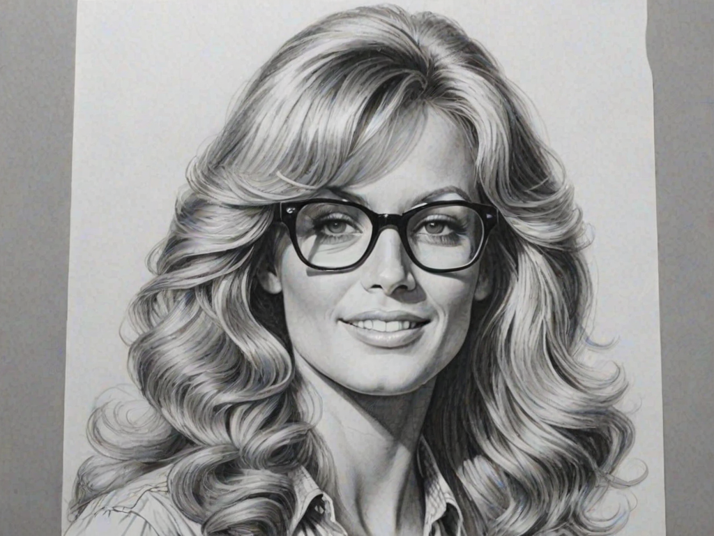 Resplendent Farrah Fawcett, pencil sketch, portrait of Wonderful woman 1942s in glasses, hair style beatnik, outline, clear lines, fine lines, 8k