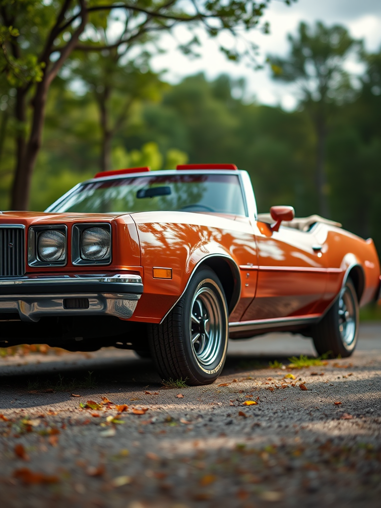 Generate an image of a classic 1970s Oldsmobile Cutlass convertible in a natural outdoor setting, captured with a Canon EOS R5, 50mm f/1.2 lens, aperture set to f/2.8, ISO 100, and a shallow depth of field to enhance the background blur.