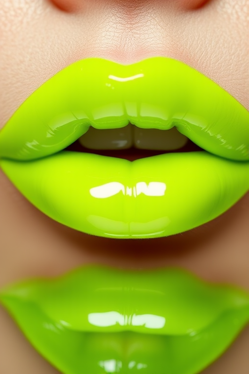 Vibrant lime green lips with a glossy jelly finish and high-shine reflect, known as "Electric Lime Zest"
