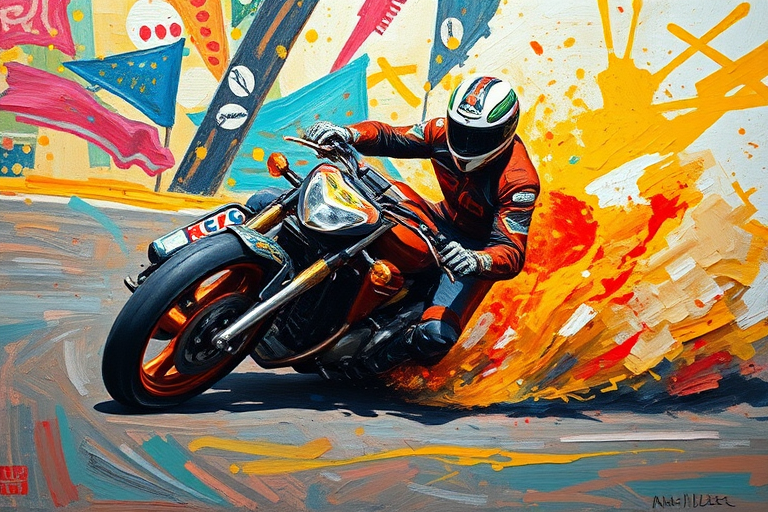 Visceral Expressionism: Thick, color, impastoed brushstrokes convey a raw, primal energy of a motorcycle and rider going around a {select} are rendered in a visceral, almost violent manner, the paint applied with a sense of urgency and immediacy that evokes the thrill and danger of the moment.