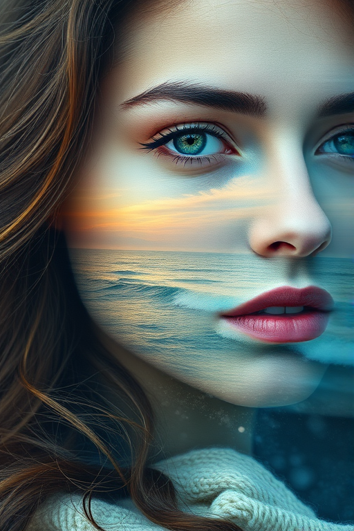 this photo is Book cover, A surreal double exposure portrait that blends a woman's face with a beautiful seascape. The overall mood is dreamy and mystical, with rich colors and intricate details