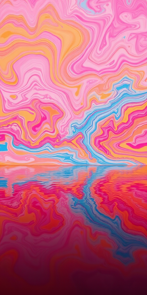 Create an abstract landscape featuring vivid swirling colors of pink, orange, yellow, and blue resembling a paint texture above a reflective water surface, shot with a Canon EOS R5, 50mm lens at f/1.8, ISO 100, with a wide-angle view and high dynamic range for enhanced detail.