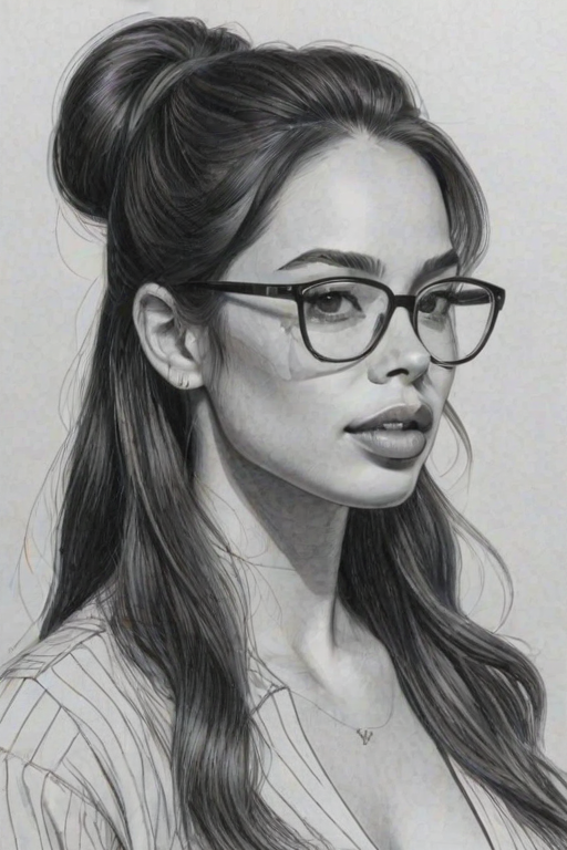 Comely Chloe Bridges, pencil sketch, portrait of Superb woman 1968s in glasses, hair style beatnik, outline, clear lines, fine lines, 8k