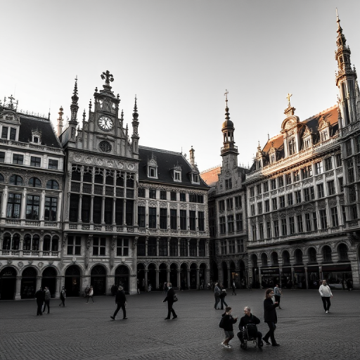 High-resolution monochrome photograph of the Grand Place in Brussels featuring intricate architecture, golden hour lighting, with a wide-angle view, ISO 200, aperture f/11, shutter speed 1/125 sec, taken with a full-frame DSLR camera.