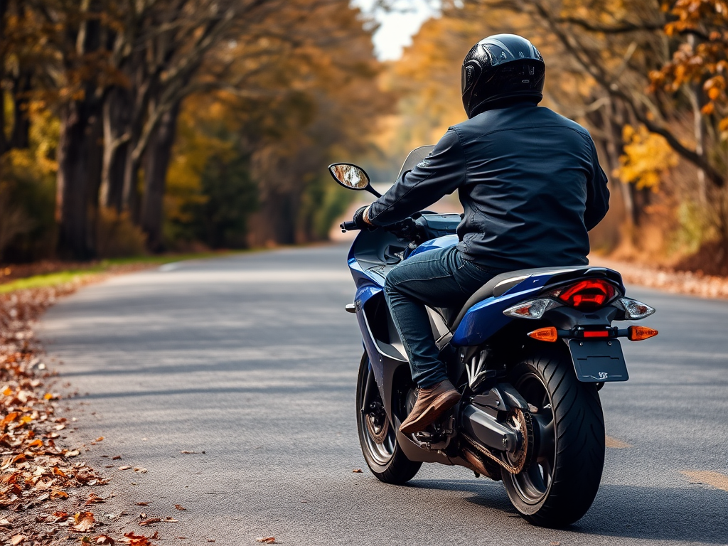 A rider on a blue motorcycle wearing a helmet, turning to look back while riding on a tree-lined road with autumn-colored foliage, captured with a DSLR camera, 50mm lens, aperture f/1.8, ISO 200, shutter speed 1/500s, natural light for enhanced clarity and color contrast.
