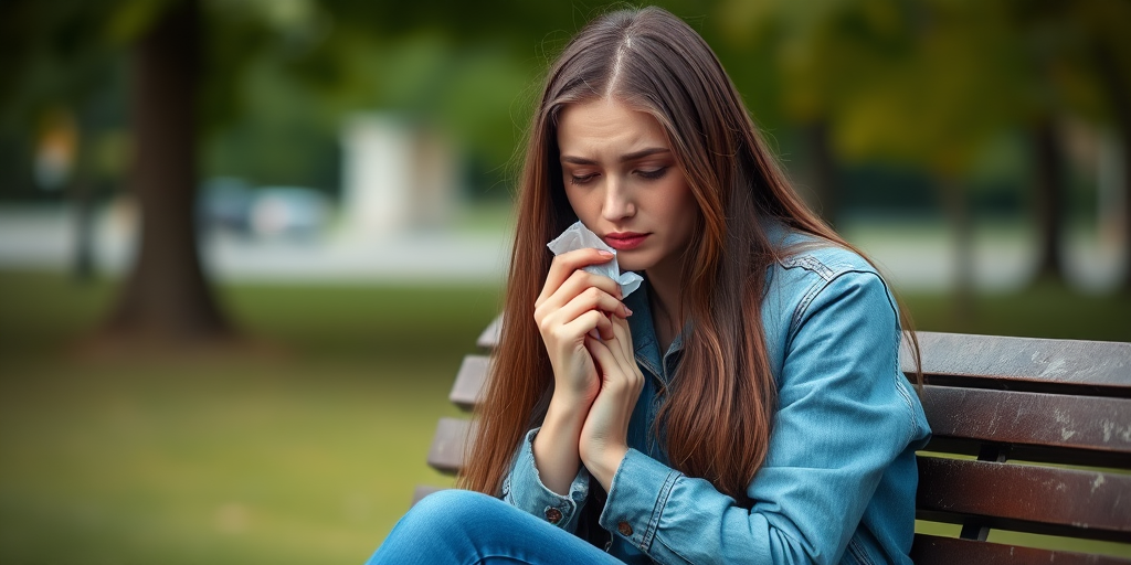 portrait of a young woman with long brown hair sitting on a park bench, crying with a tissue in hand, wearing a denim jacket and blue jeans, shallow depth of field, natural light, 50mm f/1.8 lens, ISO 200, aperture f/2.0, soft focus on background