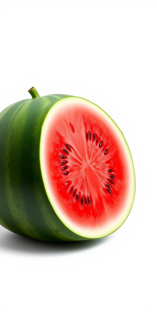 Create a vibrant illustration of a whole watermelon, partially sliced to reveal the juicy red interior with seeds, set against a clean white background, using a Canon EOS R5 camera with a 50mm lens, aperture f/1.8, ISO 100, and a shallow depth of field for enhanced clarity and color contrast.