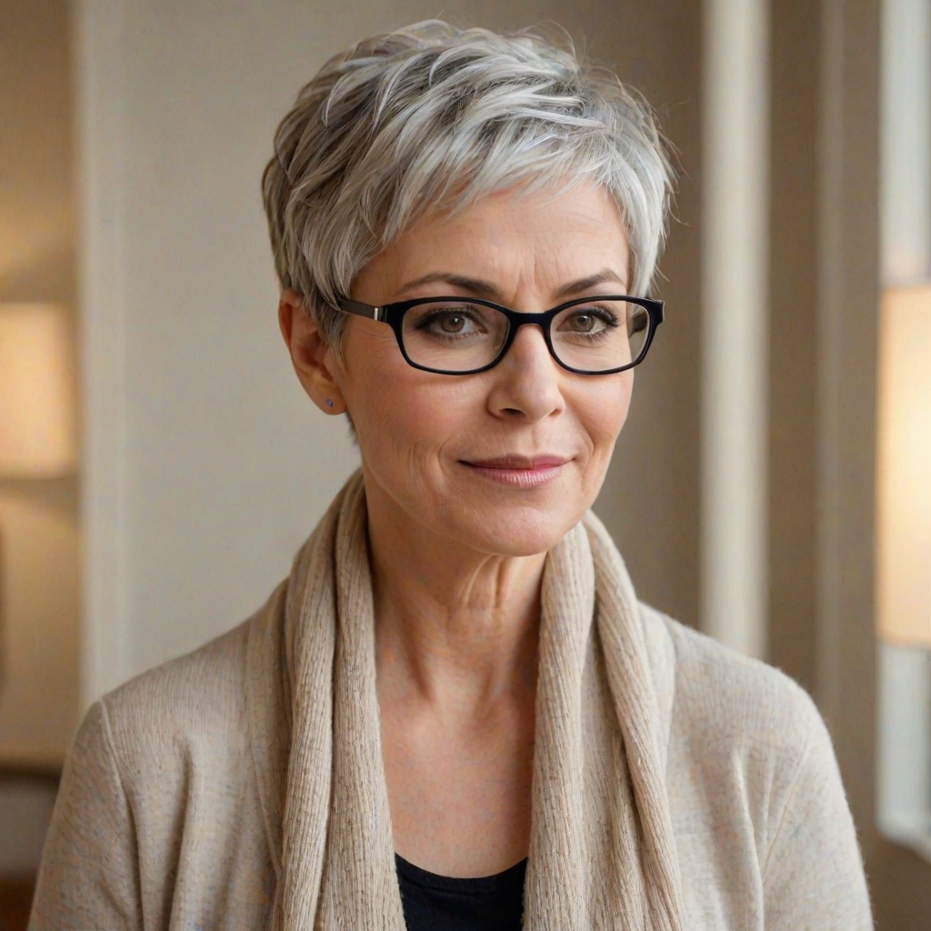 Portrait of a mature woman with short silver hair, styled in an asymmetrical pixie cut with side bangs. She wears black-framed glasses and a beige blouse with a white cardigan over it, as well as a bulky scarf in neutral tones. The woman is indoors with soft lighting and a blur in the background. Her expression is serene and confident, highlighting her elegance and modern style.