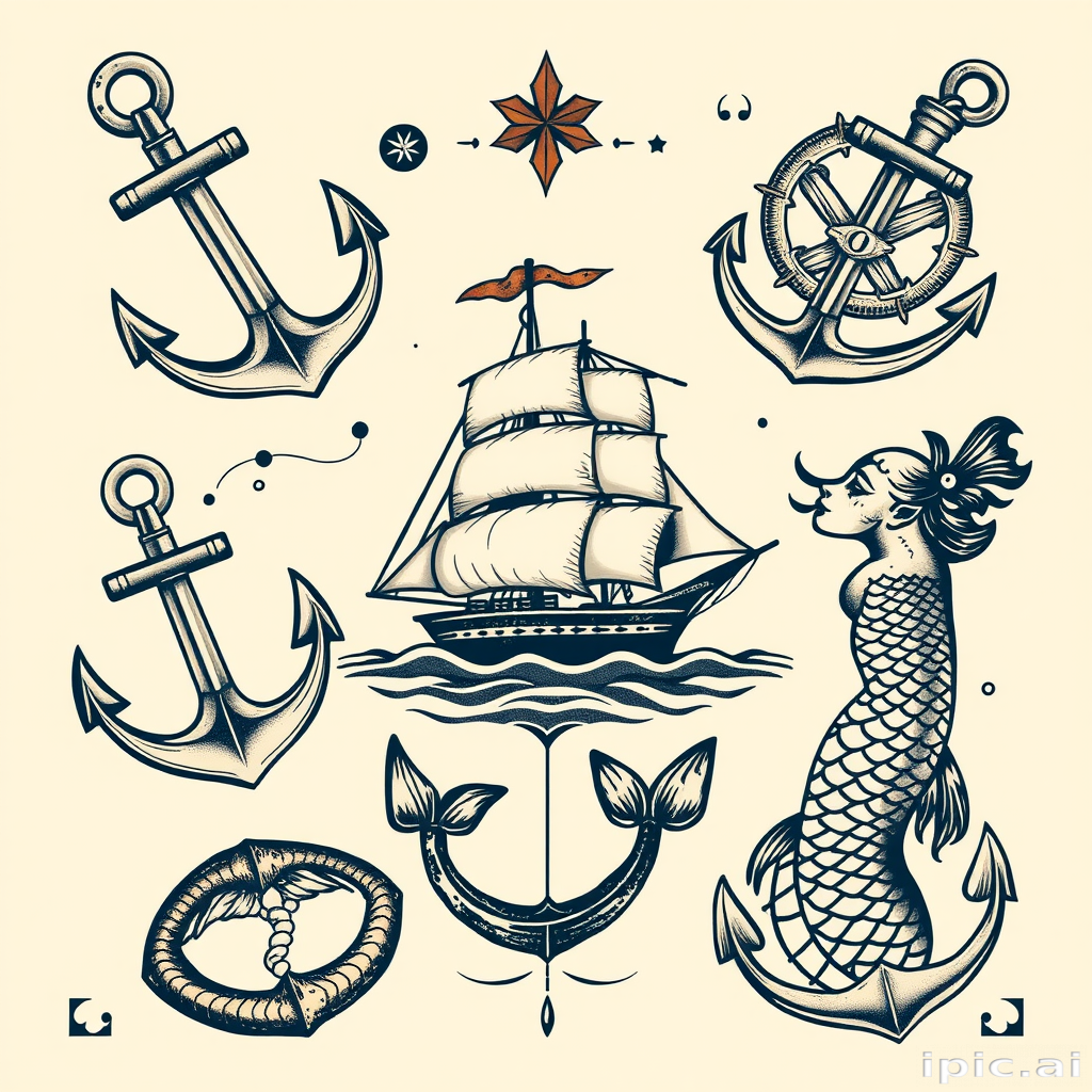 Vintage-inspired tattoo named "Nautical Nostalgia" featuring classic maritime elements like anchors, ships, and mermaids in a muted color palette with distressed effects for an authentic aged appearance