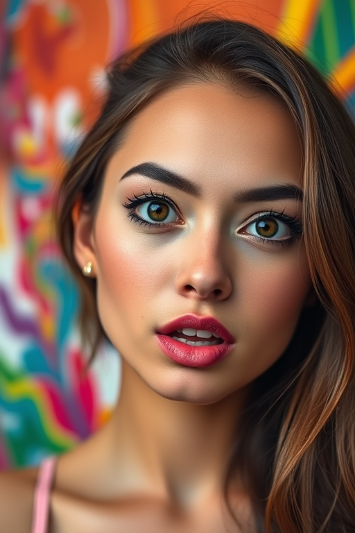Create a vibrant portrait of a young woman with expressive features and a colorful abstract background, using a Canon EOS R5 with a 50mm f/1.2 lens, aperture set to f/2.8, ISO 100, and a soft focus effect to enhance details and colors.