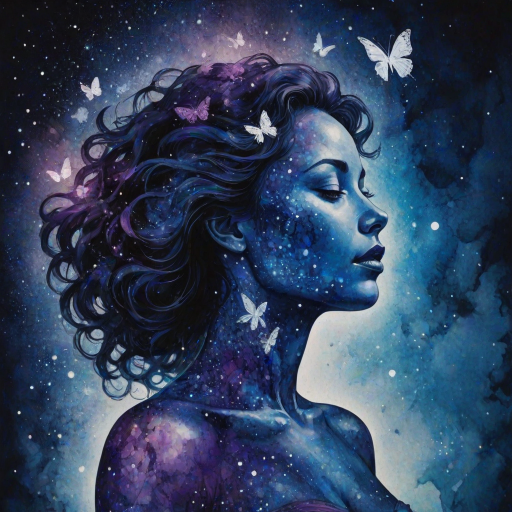 Captivating conceptual render alcohol ink art, double exposure, the paint strokes artfully merge combining a woman's full silhouette with a Beaming butterfly's silhouette. The figures are composed of a series of colored dots, lines & spots that evoke the image of a cosmic galaxy, colors are deep shades of blue purple & black with flashes of white & silver representing distant stars. The woman's silhouette is formed within the lion's silhouette from constellations of scattered stars, surreal