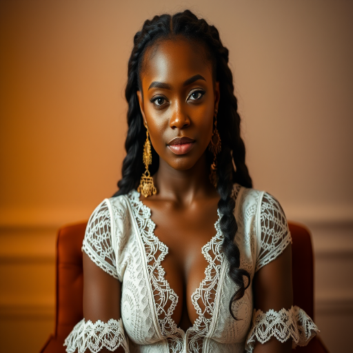 Create a portrait of a refined and elegant Fijian woman seated in a sophisticated setting. She has long, wavy hair styled in two thick braids that are pulled over her shoulders. She wears a white, lace gown with intricate patterns, featuring a deep V-neckline and short sleeves. The dress exudes a vintage charm with its delicate lacework. She is adorned with ornate, dangling earrings that add a touch of glamour to her appearance. The background is softly lit, with warm, ambient lighting that creates a cozy and inviting atmosphere. Her expression is poised and serene, capturing a sense of grace and elegance.
